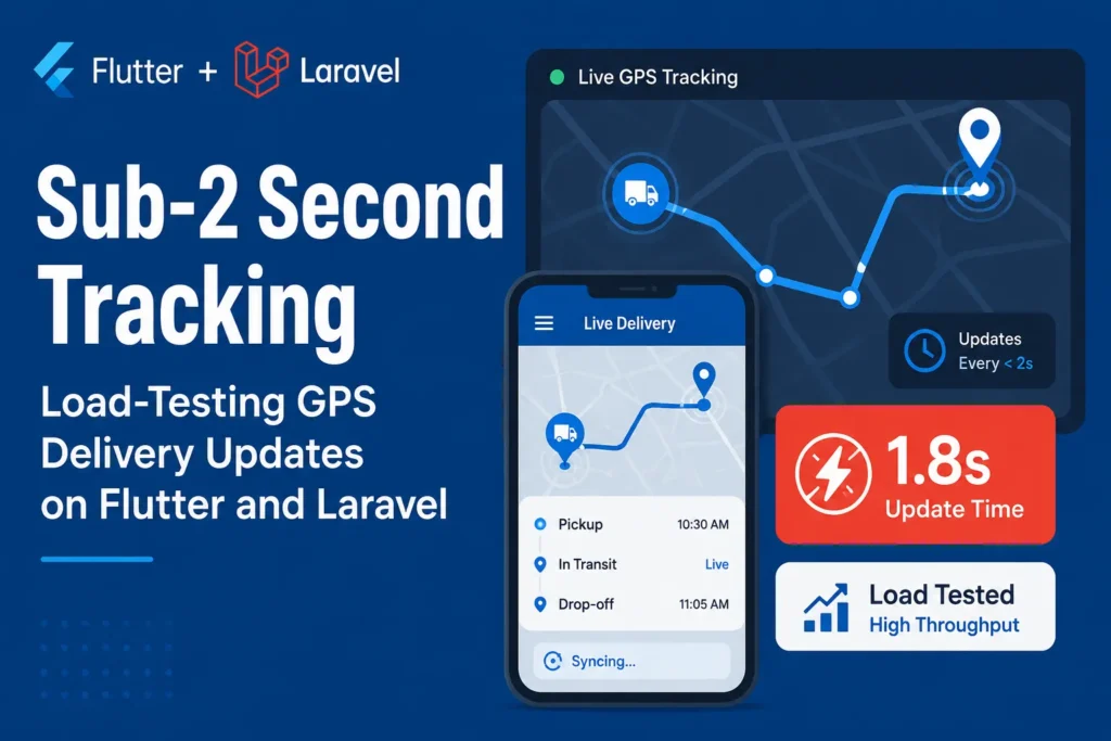 Flutter and Laravel food delivery app showing sub-2 second live GPS tracking and load-tested delivery updates