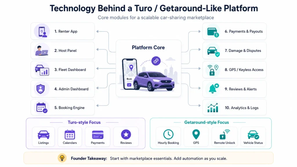 Technology architecture diagram of a Turo and Getaround-like car sharing platform with renter app, host panel, booking engine, payments, GPS access, analytics, and admin dashboard.