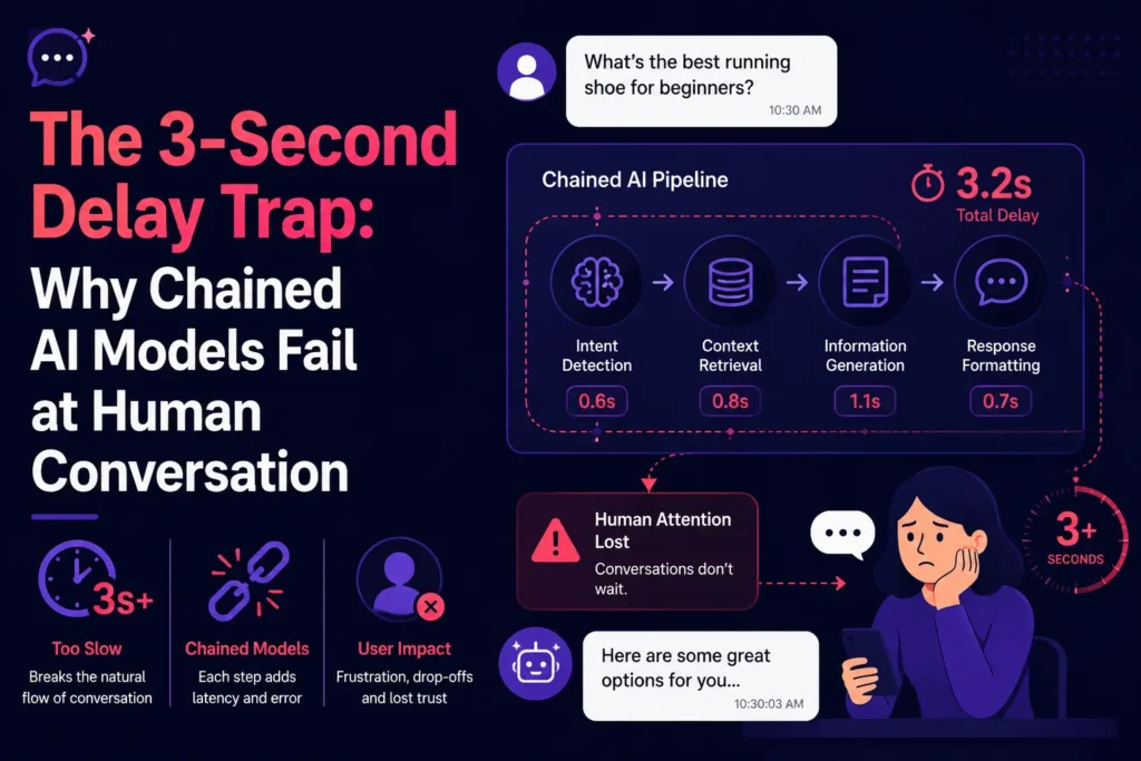 Infographic explaining the 3-second delay trap in chained AI models, showing sequential processing stages, total response latency, broken conversational flow, user frustration, drop-offs, and lost attention.