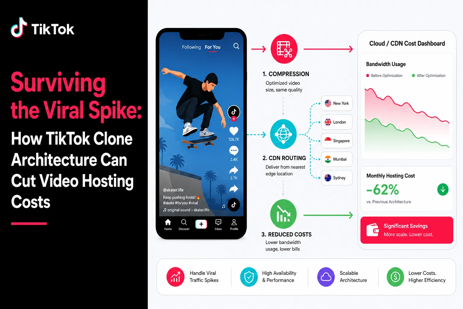 TikTok clone architecture using video compression, CDN routing, and scalable cloud infrastructure to manage viral traffic spikes and reduce hosting costs.