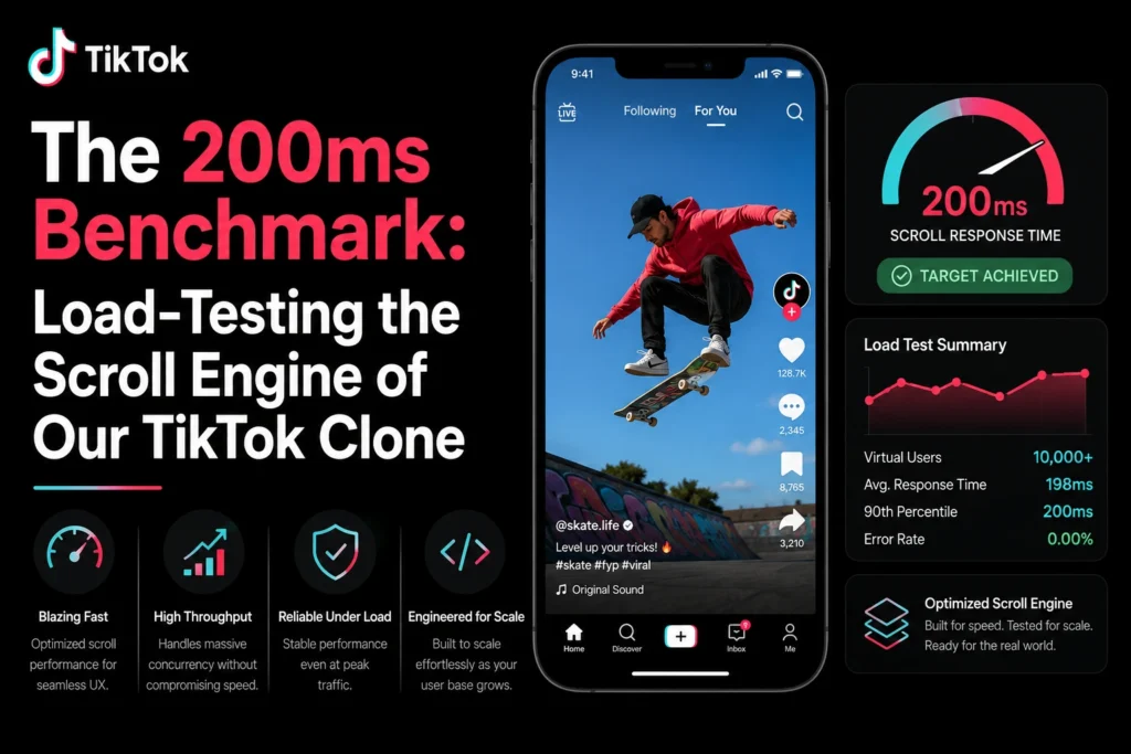 Infographic showing a TikTok clone load-testing benchmark with 200ms scroll response time, 10,000+ virtual users, high throughput metrics, and optimized scroll engine performance.