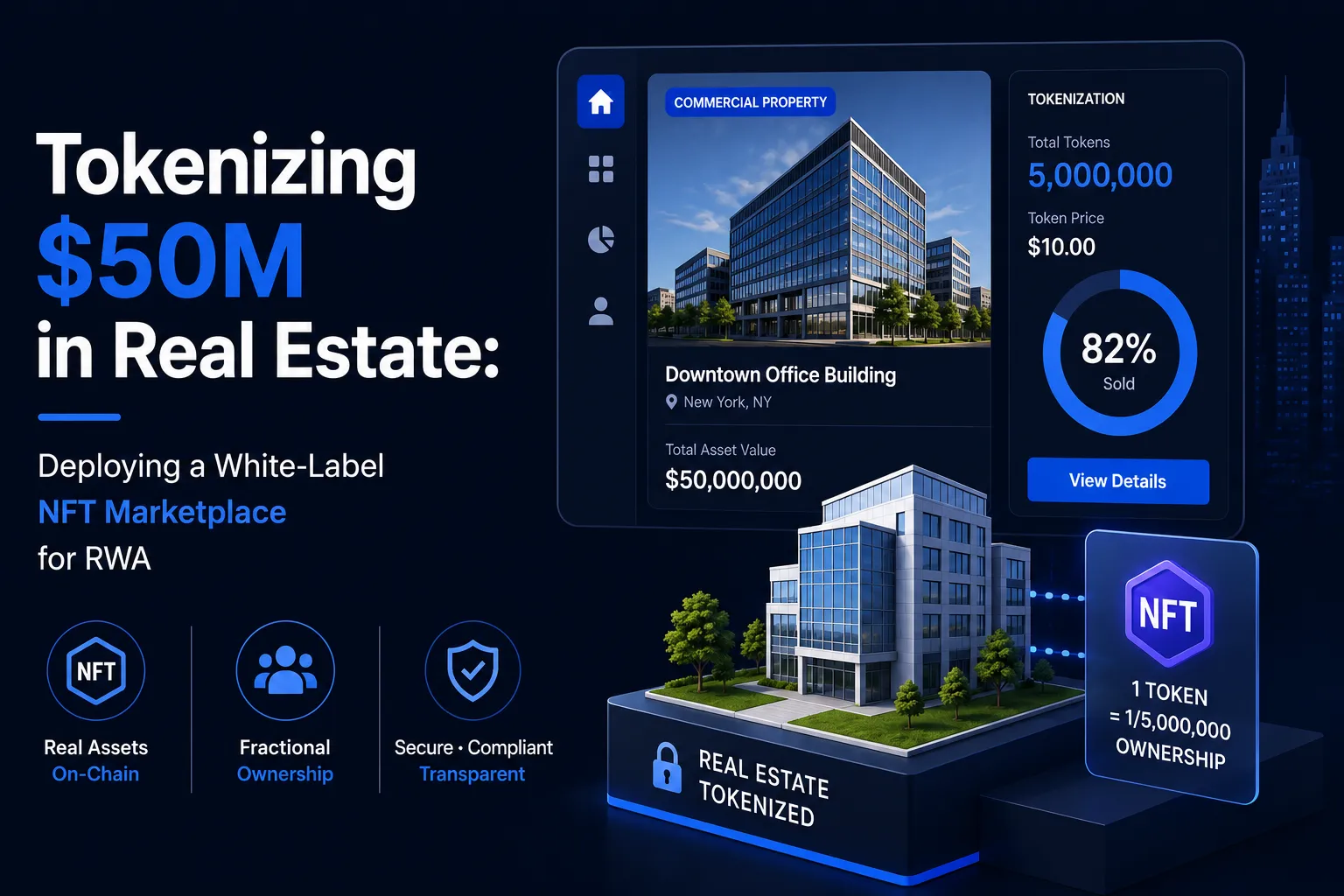 Real estate tokenization featured image showing a $50 million commercial property converted into five million NFT tokens through a white-label marketplace with fractional ownership, secure compliance, transparent on-chain records, and investor access.