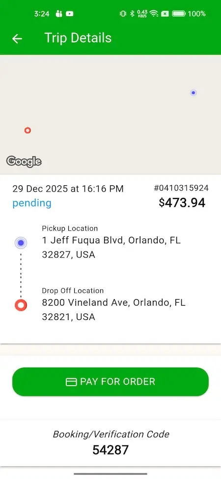Gojek Clone 16 A screenshot of a trip details page on the Google Maps app, showing a pending trip from Orlando, Florida to Vineland Avenue.