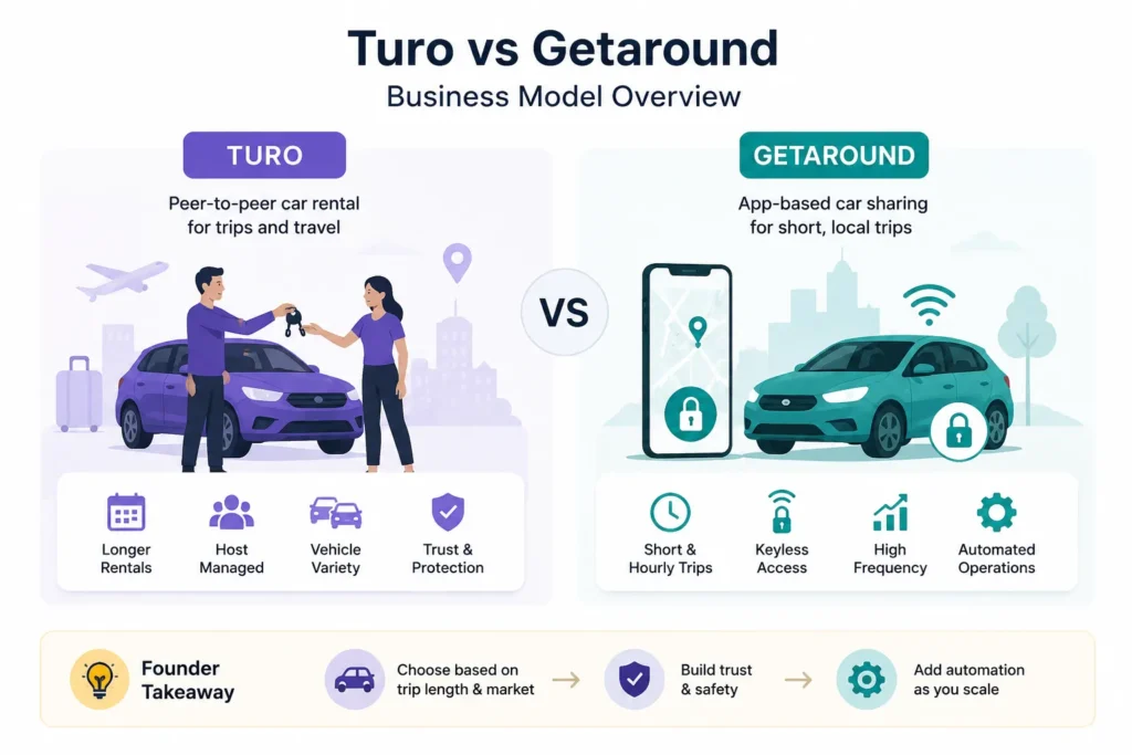 Turo vs Getaround business model overview comparing peer-to-peer car rentals with app-based instant access car sharing platforms.