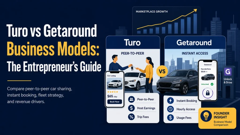 Turo vs Getaround business model comparison showing peer-to-peer car sharing, instant access, booking flow, host earnings, usage fees, and marketplace growth.