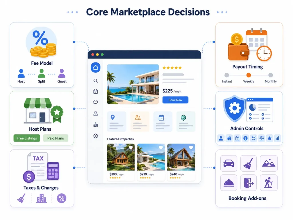 Vacation rental marketplace revenue decisions covering fee models, host plans, taxes, payout timing, booking add-ons, and admin controls.