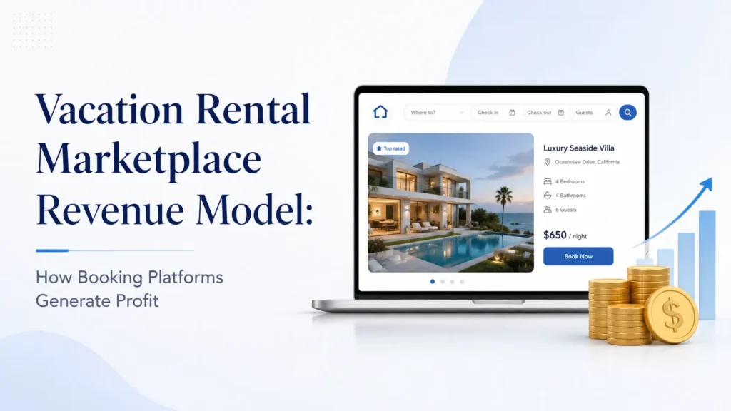 Vacation rental marketplace revenue model illustrated with an online villa booking platform, revenue growth chart, and coins.