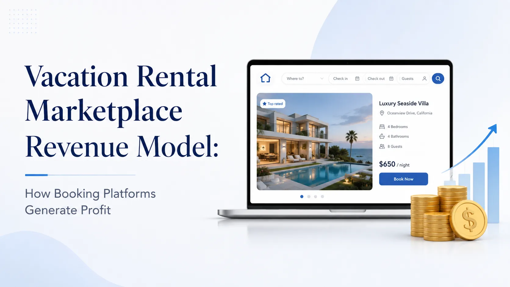 Vacation rental marketplace revenue model illustrated with an online villa booking platform, revenue growth chart, and coins.