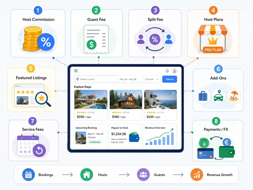 Vacation rental marketplace revenue streams including host commissions, guest fees, split fees, host plans, featured listings, add-ons, service fees, and payment charges.