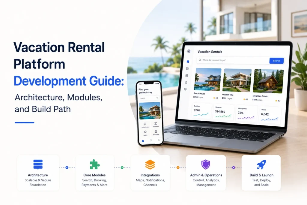 Vacation rental platform development guide covering architecture, core modules, integrations, admin operations, and the build-to-launch process.