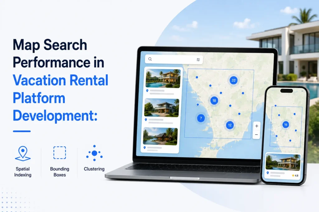 Map search performance in vacation rental platform development using spatial indexing, bounding boxes, and clustering for faster property discovery.