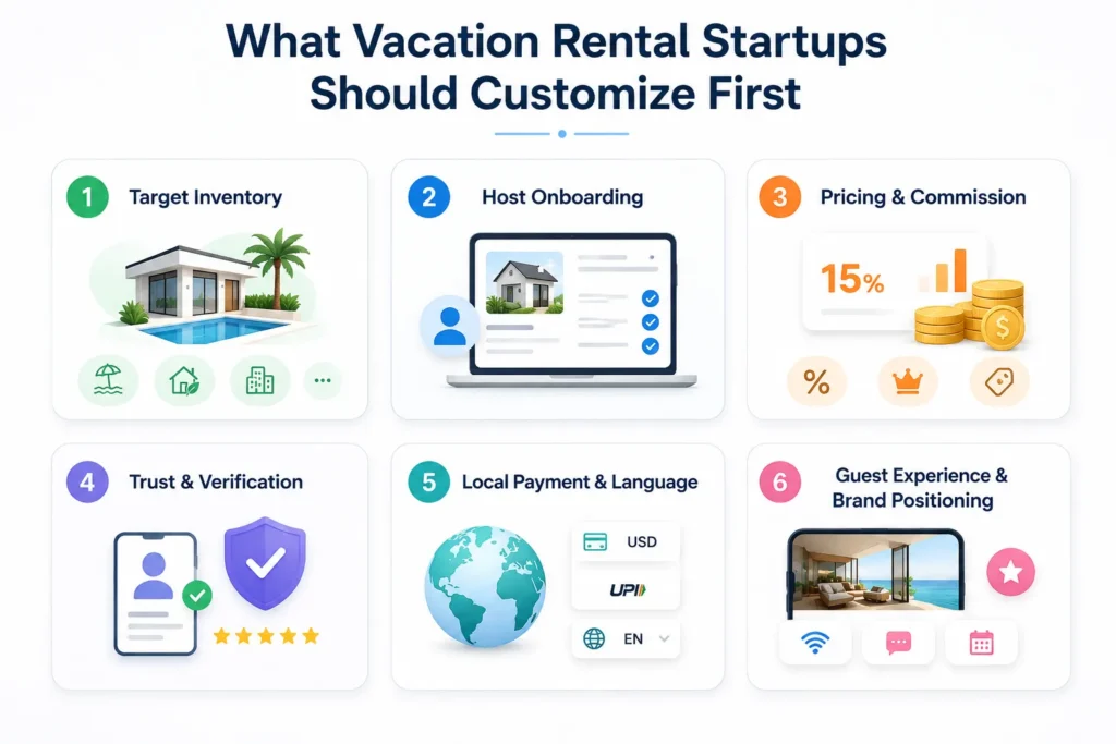 vacation rental platform development startup customization priorities including inventory, host onboarding, pricing, verification, payments, language, and guest experience.