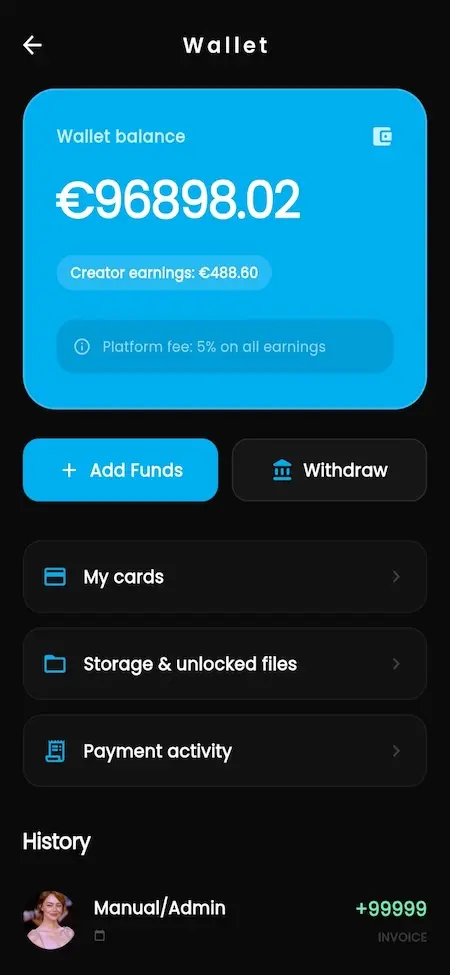 OnlyFans clone wallet screen with creator earnings, wallet balance, withdrawals, payment history, and subscription revenue management