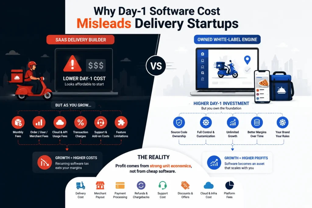 The 36-Month TCO Comparison: SaaS Delivery Builders vs. Owned White-Label Engines 1 Comparison between SaaS delivery builder and owned white-label delivery engine showing long-term software cost impact on delivery startups