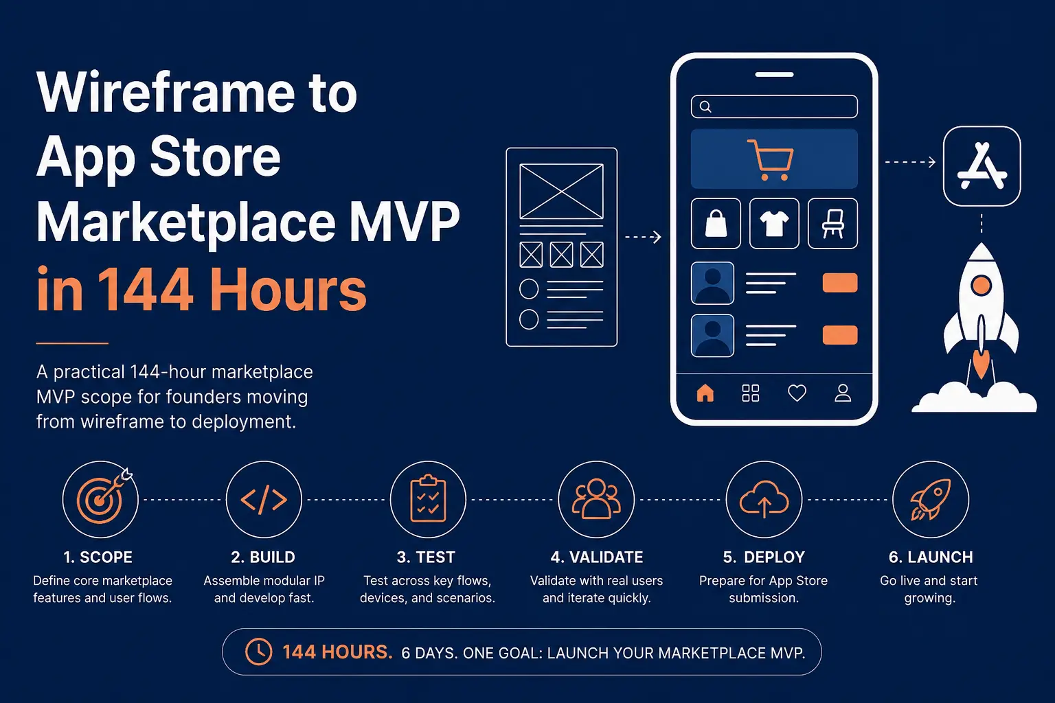Marketplace MVP scope breakdown from wireframe to app store deployment in 144 hours with Miracuves