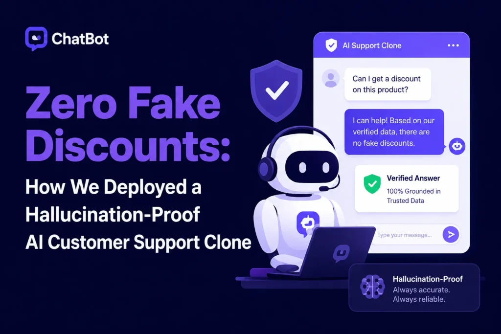 Hallucination-proof AI customer support clone preventing fake discounts with verified chatbot responses