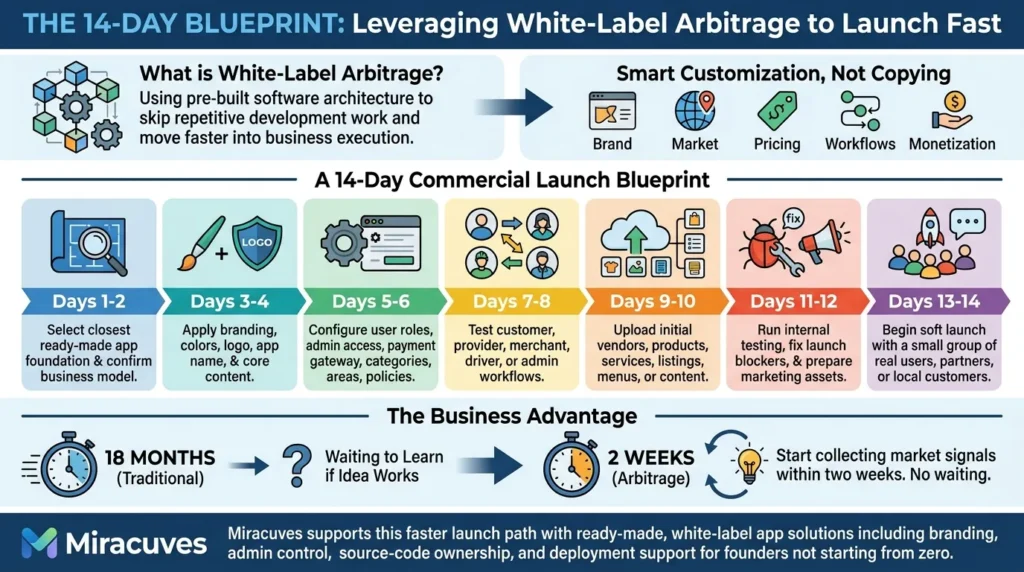 The Hidden Cost of “Free”: Is It Cheaper to Build an App Yourself? 2 Infographic showing a 14-day white-label arbitrage launch blueprint with ready-made app selection, branding, role configuration, payment gateway setup, workflow testing, vendor uploads, internal QA, soft launch, and faster market validation.