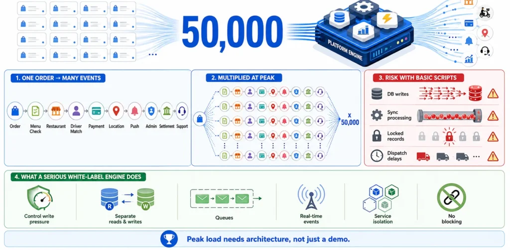 High-Volume Concurrency: Managing 50,000 Active Orders on White-Label Engines 1 Core architecture for high-volume white-label food delivery apps with customer, restaurant, driver, admin, API, order, dispatch, database, cache, and queue layers