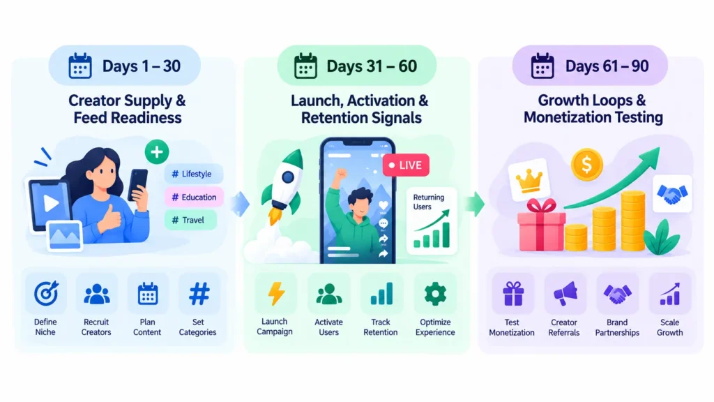 Growth Strategy for a Short-Form Video Platform: Creator Acquisition, Content Supply, and Repeat Viewing 2 90-day short-form video platform growth roadmap covering creator supply, activation, retention, growth loops, and monetization testing