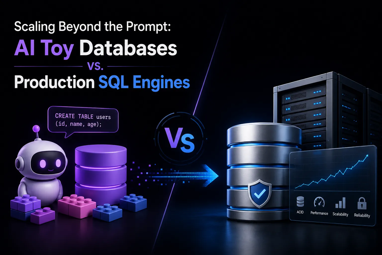 AI toy databases compared with production SQL engines for scalability, performance, reliability, and ACID transactions