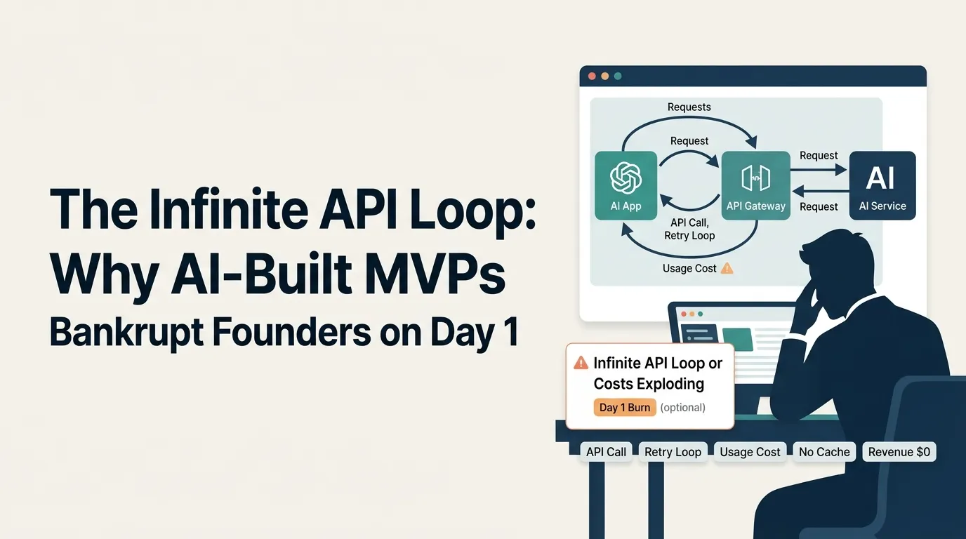AI API loop featured image showing an AI-built MVP sending repeated API calls through an API gateway to an AI service, retry loop, usage cost warning, no cache, revenue loss, and a founder worried about exploding API costs.