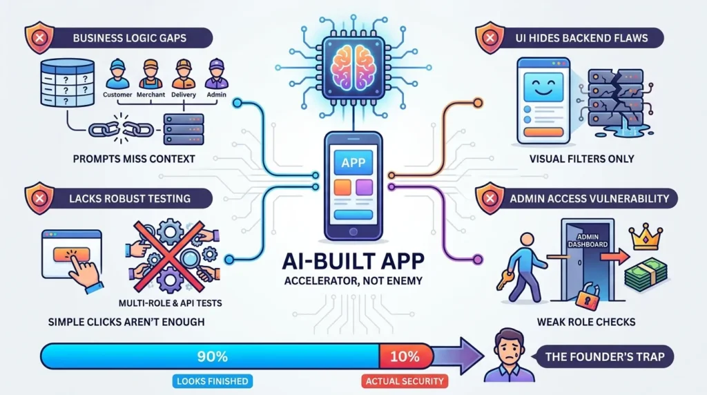 What 70%+ of AI-Built Apps Get Wrong About Security - And Why Users Can See Each Other’s Data 2 Infographic showing why AI-built apps are vulnerable to missing business rules and broken backend security