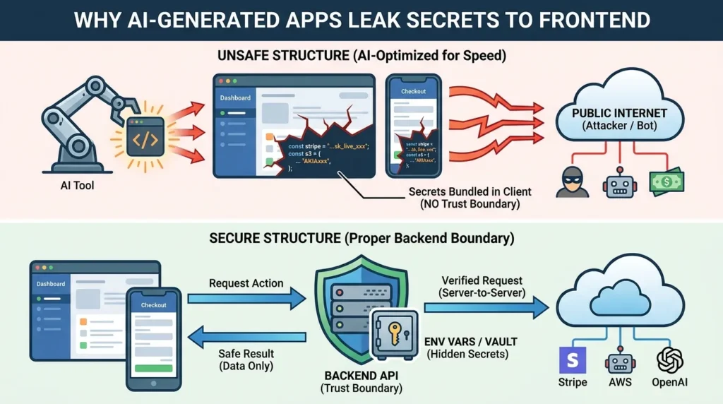 Exposed API Keys in Your AI App? Here Is the 3-Step Emergency Rotation Protocol 1 Unsafe AI app architecture exposing API keys in frontend code
