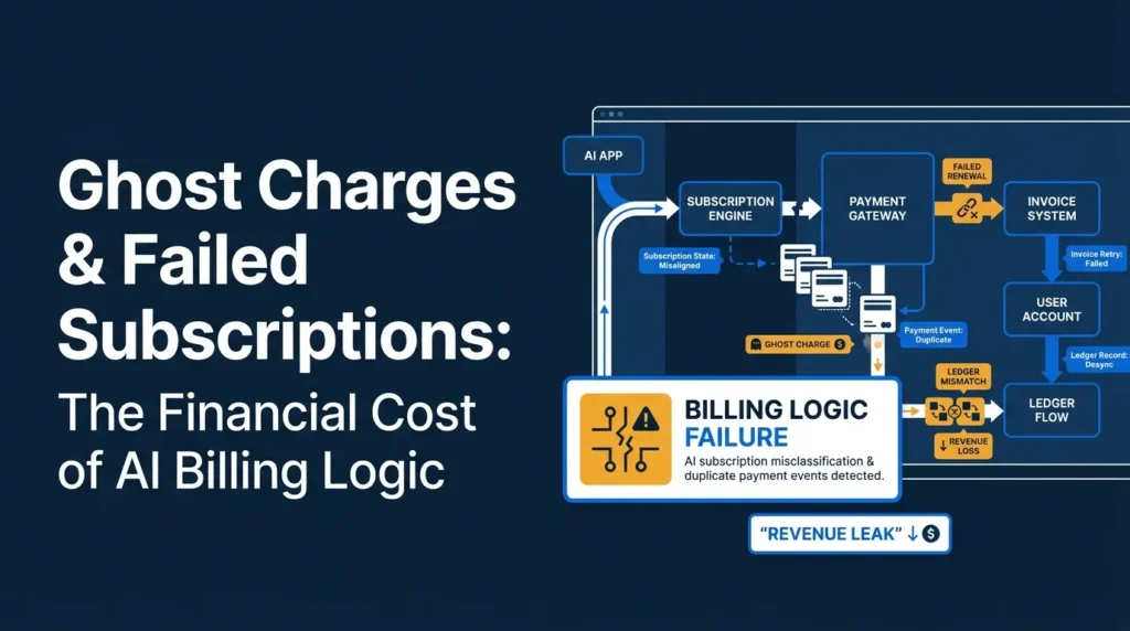 AI billing logic failure featured image showing subscription engine, payment gateway, invoice system, user account, ledger flow, failed renewals, ghost charges, duplicate payment events, subscription state mismatch, ledger desync, revenue loss, and billing logic failure.