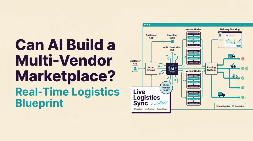 AI multi-vendor logistics marketplace blueprint with real-time tracking, routing, vendors, drivers, and payouts.