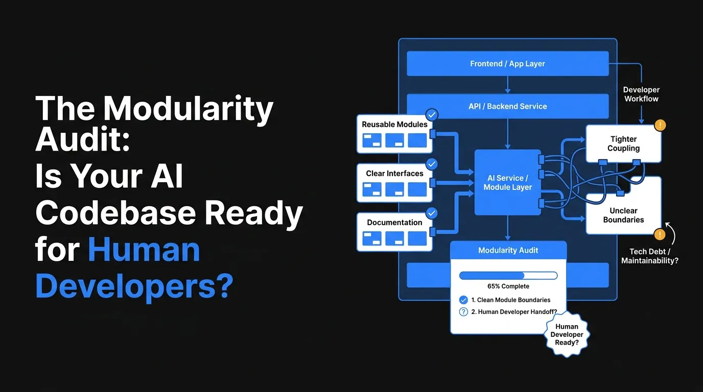 AI codebase modularity audit featured image showing frontend app layer, API backend service, AI service module layer, reusable modules, clear interfaces, documentation, developer workflow, tight coupling, unclear boundaries, tech debt, maintainability risk, and human developer handoff readiness.