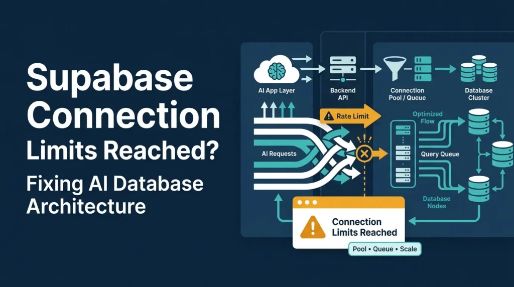 Supabase connection limits featured image showing AI app requests hitting backend APIs, rate limit warning, connection pool, query queue, database cluster, optimized flow, database nodes, and scalable AI database architecture.