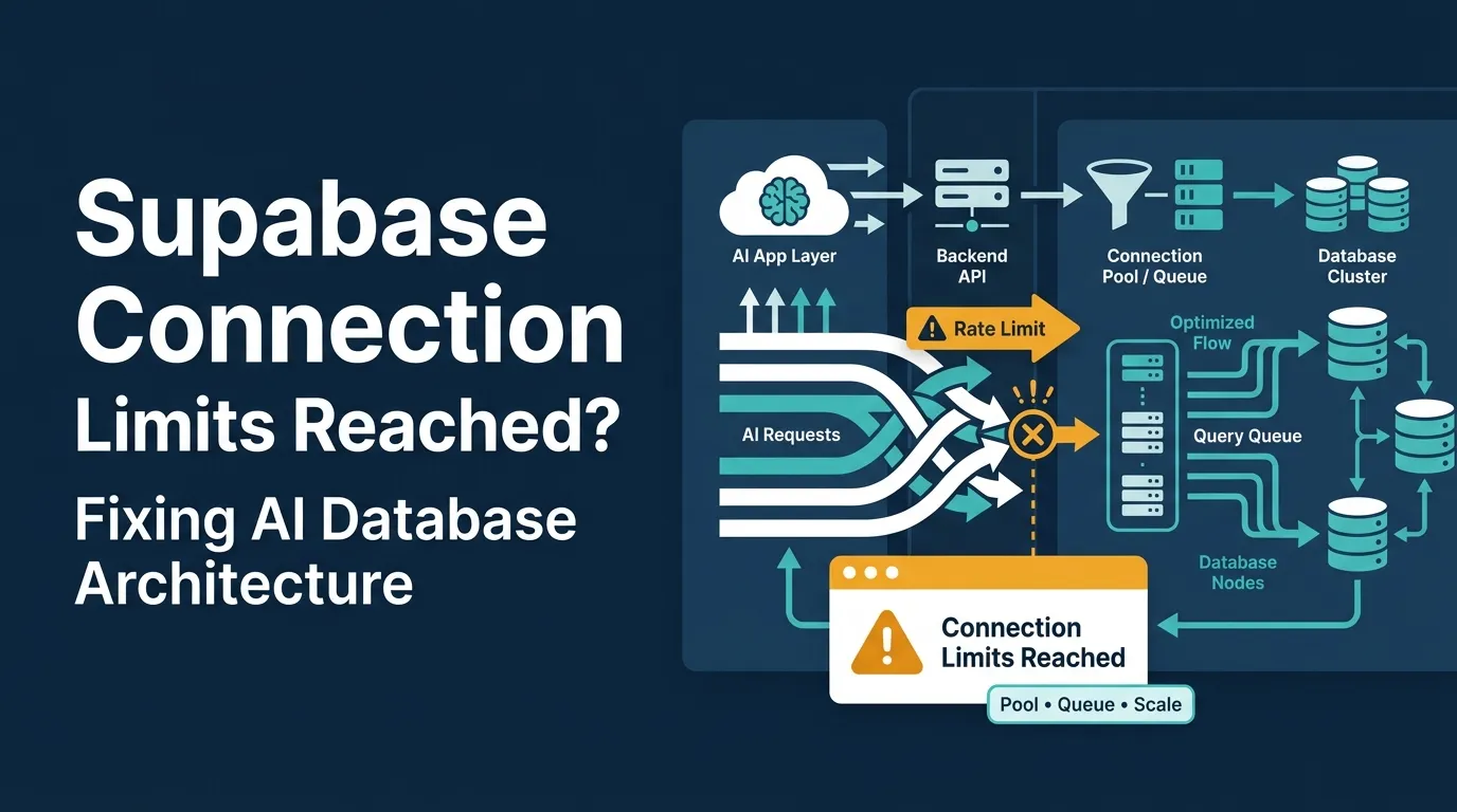 Supabase connection limits featured image showing AI app requests hitting backend APIs, rate limit warning, connection pool, query queue, database cluster, optimized flow, database nodes, and scalable AI database architecture.