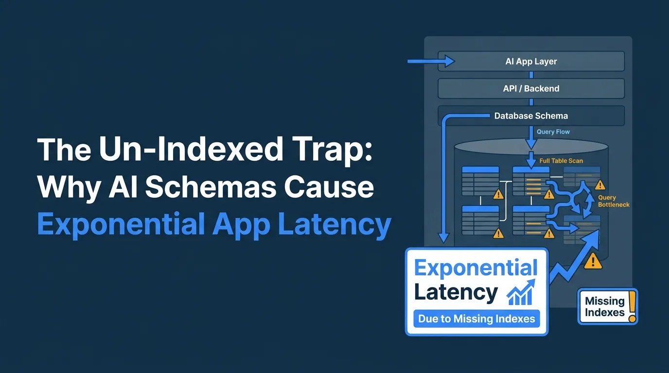 AI database schema latency featured image showing AI app layer, API backend, database schema, query flow, full table scan, missing indexes, query bottlenecks, exponential latency warning, and slow app performance caused by unindexed database tables.