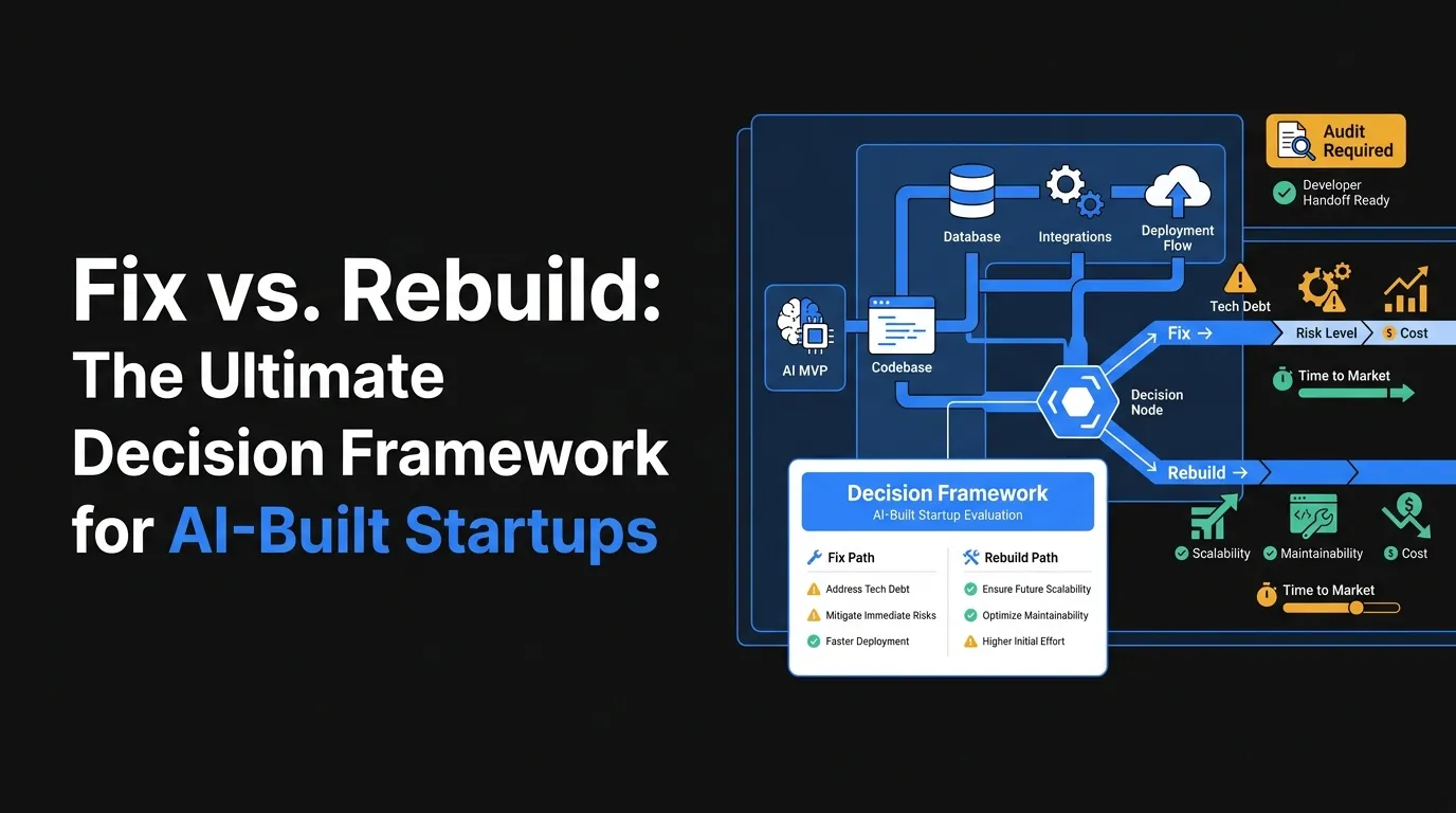 Fix vs rebuild featured image showing an AI-built startup decision framework with AI MVP, codebase, database, integrations, deployment flow, audit requirement, developer handoff readiness, tech debt, risk level, cost, time to market, scalability, maintainability and rebuild path.