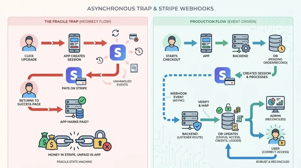 Stripe Payments Not Reconciling? Fix the Webhook Desync Breaking Your AI App Revenue 1 Stripe webhook failure infographic showing checkout events, subscription updates, invoice payments, lost webhooks, backend desync, failed reconciliation, incorrect app payment status, and AI app revenue mismatch.