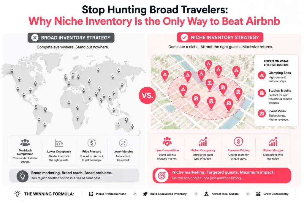 Broad vacation rental marketplace compared with niche inventory dominance in one local market
