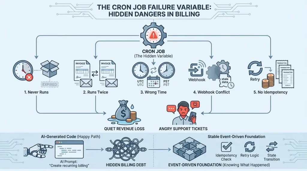 Billing system infographic showing cron job failure risks including scheduled task never running, duplicate invoice processing, wrong timezone execution, webhook conflicts, missing idempotency, quiet revenue loss, angry support tickets, hidden billing debt, retry logic, state transitions, and event-driven billing foundation.