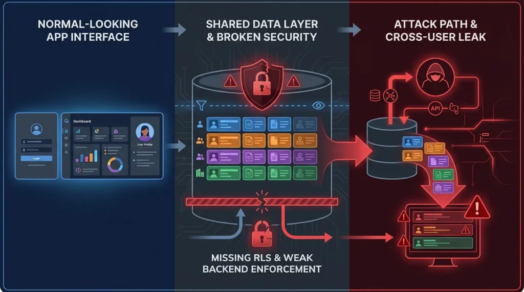 What 70%+ of AI-Built Apps Get Wrong About Security - And Why Users Can See Each Other’s Data 1 Infographic showing missing RLS causing cross-user data leaks through broken backend security