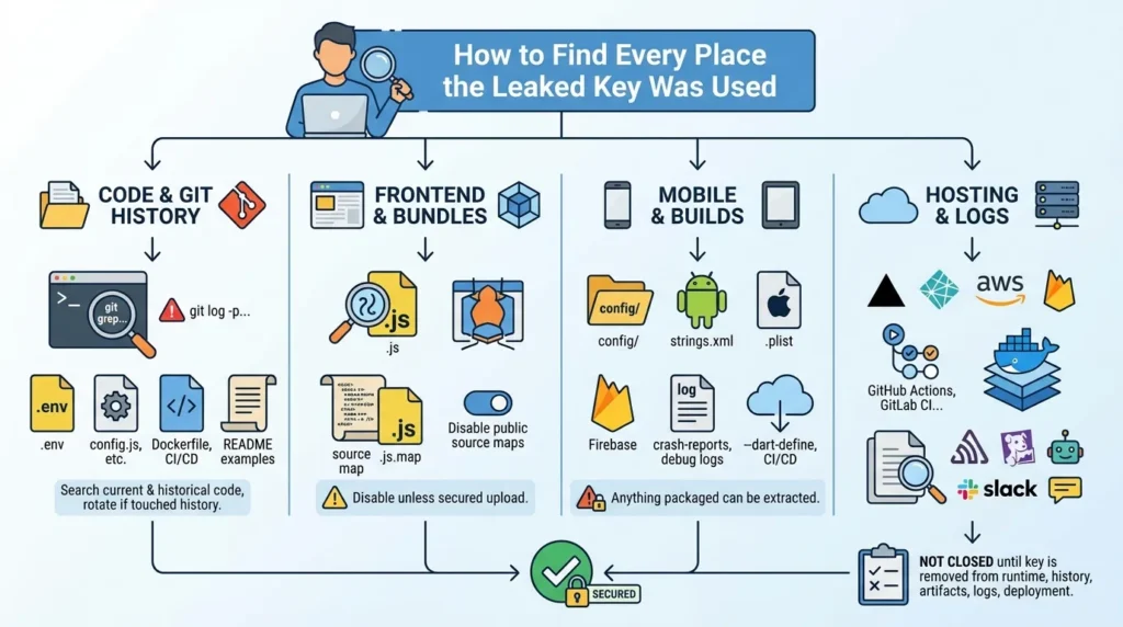 Exposed API Keys in Your AI App? Here Is the 3-Step Emergency Rotation Protocol 2 Infographic showing how to find leaked API keys in code history, frontend bundles, mobile builds, hosting logs, and CI/CD systems