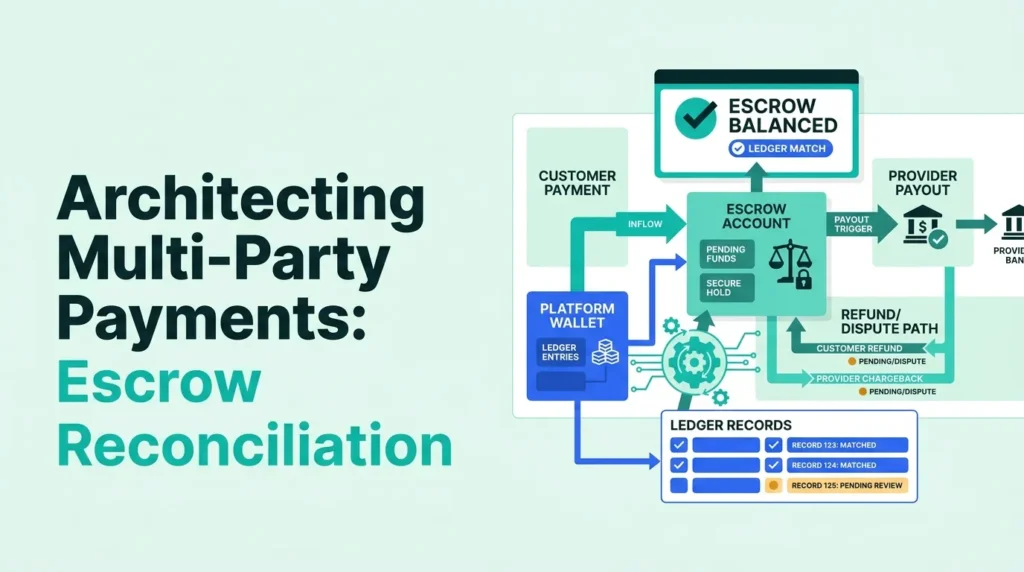 Multi-party payments escrow ledger showing buyer payment, vendor payout, platform commission, provider payout, refunds, and reconciliation
