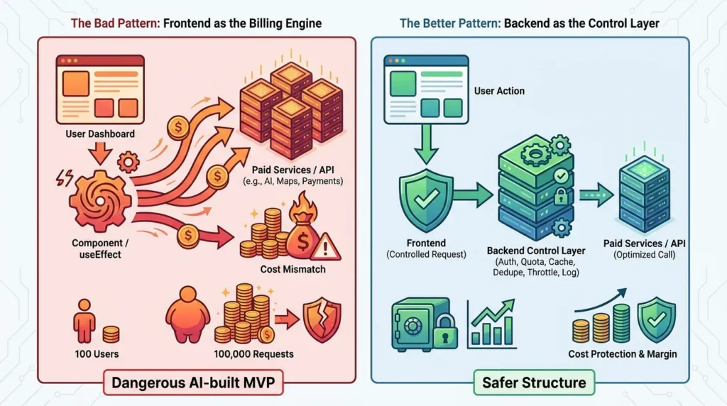 The Infinite API Loop: Why AI-Built MVPs Bankrupt Founders on Day 1 2 AI app architecture infographic showing the bad pattern of frontend components and useEffect loops acting as the billing engine, causing paid API overuse, cost mismatch, 100 users generating 100,000 requests, and the safer backend control layer with authentication, quota, cache, deduplication, throttling, logging, optimized API calls, cost protection, and margin control.