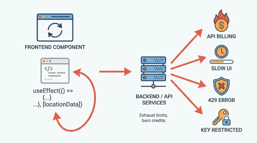 AI app API loop infographic showing a frontend component with useEffect dependency loop repeatedly calling backend API services, causing high API billing, slow UI, 429 rate-limit errors, exhausted credits, and restricted API keys.