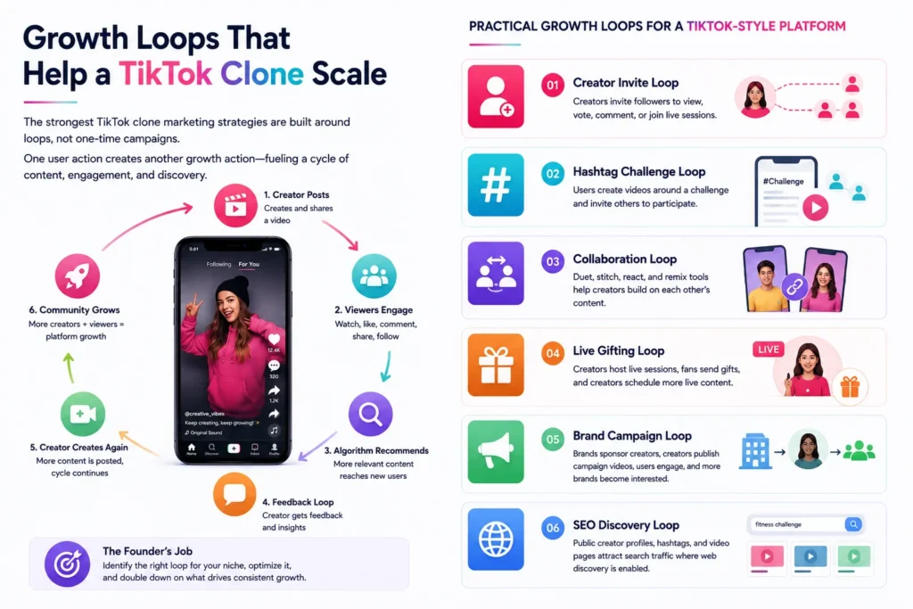 TikTok clone growth loops for creator engagement, content discovery, collaboration, live gifting, and platform growth