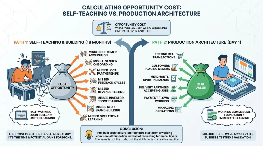 The Hidden Cost of “Free”: Is It Cheaper to Build an App Yourself? 1 The 14-Day Blueprint: Leveraging White-Label Arbitrage to Launch FastWhite-label arbitrage means using pre-built software architecture to skip repetitive development work and move faster into business execution.This does not mean blindly copying another app. A good white-label approach starts with a proven product structure and customizes it for your brand, market, pricing, workflows, and monetization model.A 14-day commercial launch blueprint may look like this:Day 1 to 2: Select the closest ready-made app foundation and confirm the business model.Day 3 to 4: Apply branding, colors, logo, app name, and core content.Day 5 to 6: Configure user roles, admin access, payment gateway, categories, service areas, and basic policies.Day 7 to 8: Test customer, provider, merchant, driver, or admin workflows depending on the app type.Day 9 to 10: Upload initial vendors, products, services, listings, menus, or content.Day 11 to 12: Run internal testing, fix launch blockers, and prepare marketing assets.Day 13 to 14: Begin soft launch with a small group of real users, partners, or local customers.This is where the business advantage appears. Instead of waiting 18 months to learn whether the idea works, the founder can start collecting market signals within two weeks.Miracuves supports this kind of faster launch path through ready-made and white-label app solutions that include branding, admin control, source-code ownership, and deployment support for founders who do not want to start from zero.