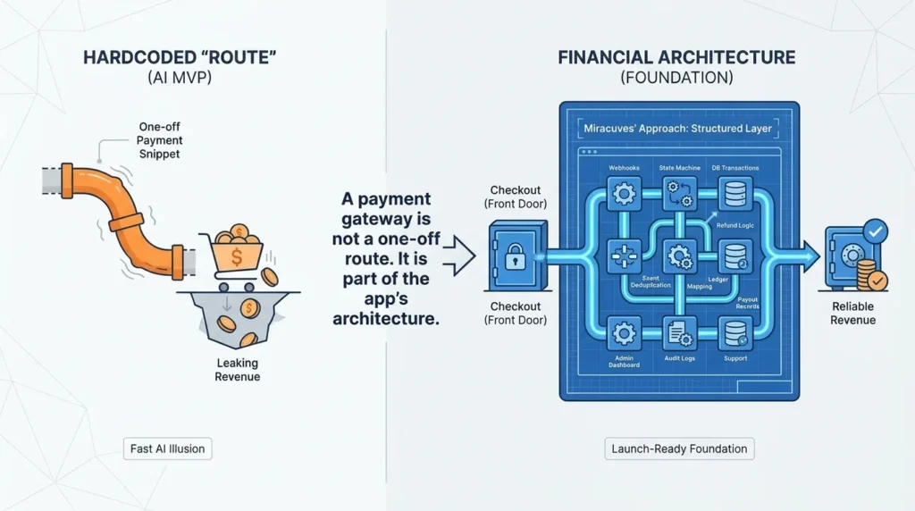 Stripe Payments Not Reconciling? Fix the Webhook Desync Breaking Your AI App Revenue 2 Payment gateway architecture infographic showing hardcoded AI MVP payment route causing leaking revenue compared with structured financial architecture using checkout, webhooks, state machine, database transactions, refund logic, ledger mapping, audit logs, admin dashboard, support, payout records, and reliable revenue.