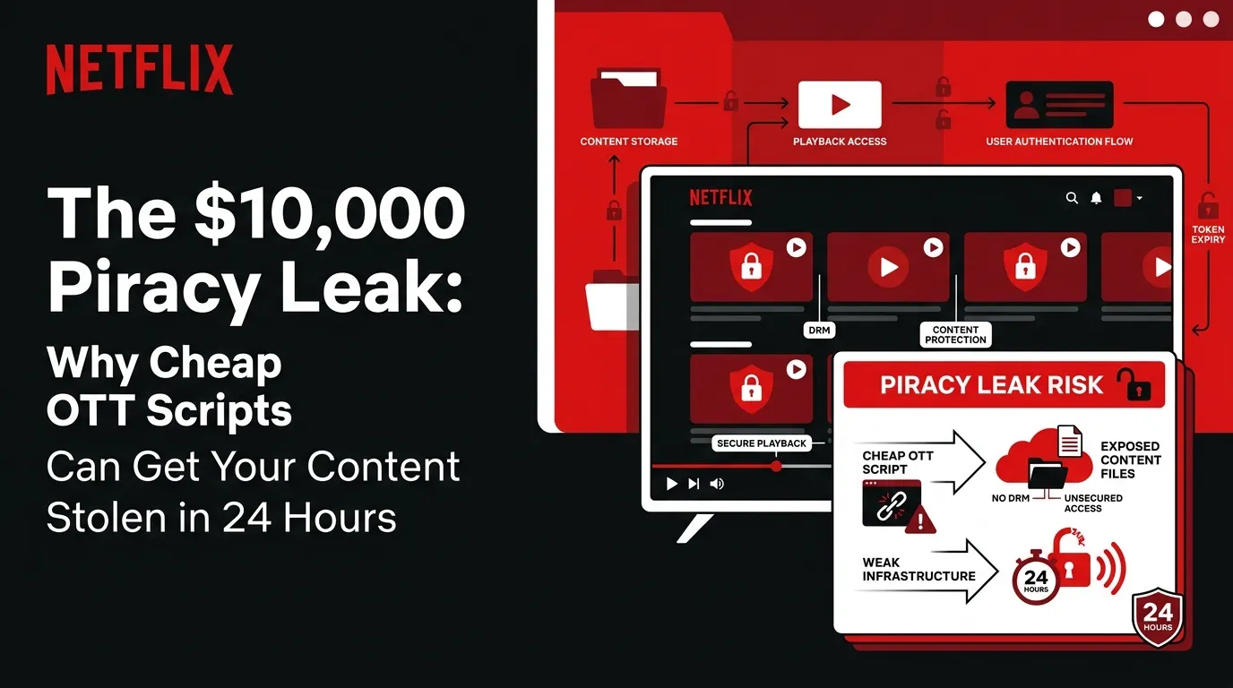 OTT app DRM protection showing encrypted video streaming and piracy risk prevention for filmmakers