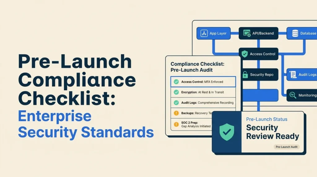 Pre-launch compliance checklist for app founders covering HIPAA GDPR PCI DSS encryption logs and access control