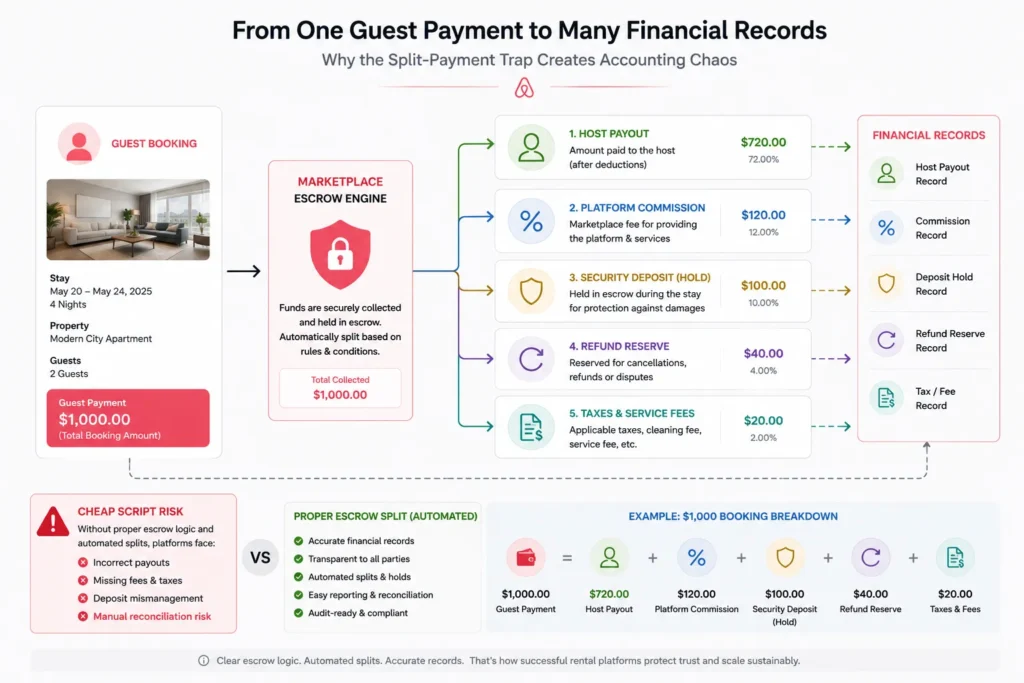 The Escrow Leak: Why Cheap Marketplace Scripts Destroy Rental Platform Accounting software 1 Rental marketplace accounting software showing escrow split payouts, host commission, refunds, security deposits, and tax records