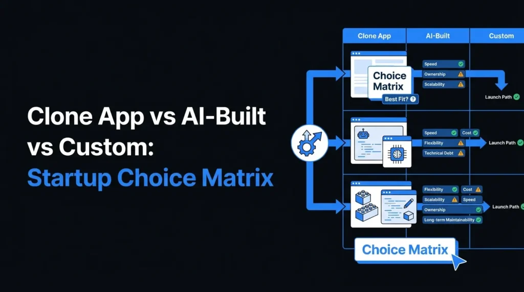 Startup choice matrix featured image comparing clone app, AI-built app and custom development based on speed, ownership, scalability, flexibility, cost, technical debt, long-term maintainability and launch path.
