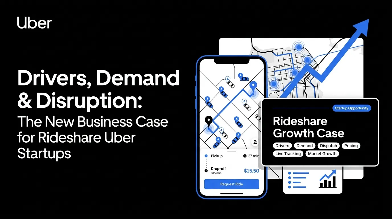 Uber rideshare business case featured image showing ride-hailing mobile app, live driver map, pickup and drop-off flow, ride request button, fare estimate, demand growth chart, dispatch system, pricing, market growth, and startup opportunity.